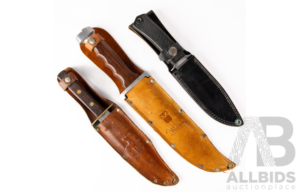 Collection Three Knives Comprising Japanese Seki Made Black Jack  Knives, German Solingen Widder Bowie & Smaller Widder Bowie, All in Leather Sheaths