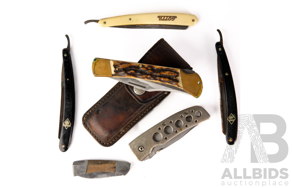 Collection Knives Comprising Two Vintage Straight Razors, Handmade Puma Emperor Folding Blade in Leather Sheath & Two Other Folding Blades