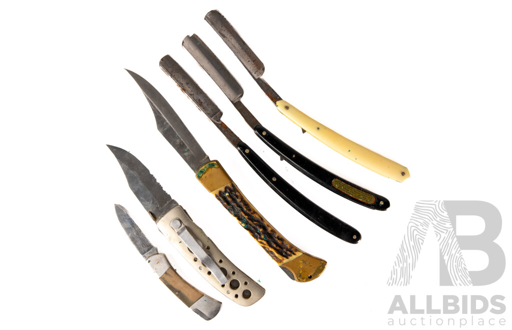 Collection Knives Comprising Two Vintage Straight Razors, Handmade Puma Emperor Folding Blade in Leather Sheath & Two Other Folding Blades