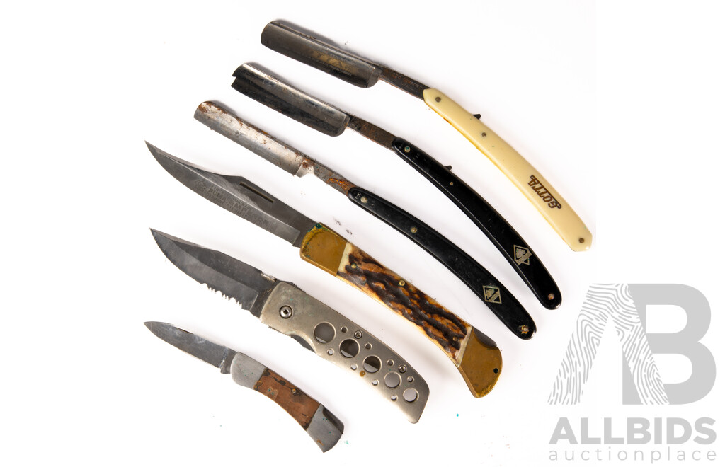 Collection Knives Comprising Two Vintage Straight Razors, Handmade Puma Emperor Folding Blade in Leather Sheath & Two Other Folding Blades