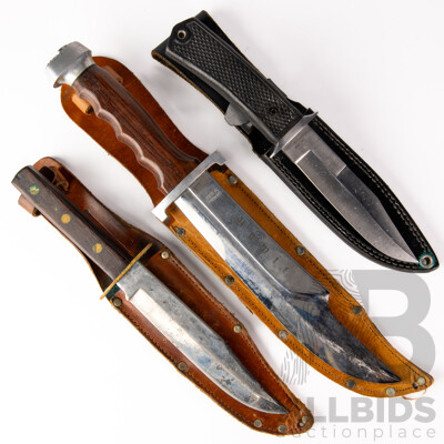 Collection Three Knives Comprising Japanese Seki Made Black Jack  Knives, German Solingen Widder Bowie & Smaller Widder Bowie, All in Leather Sheaths