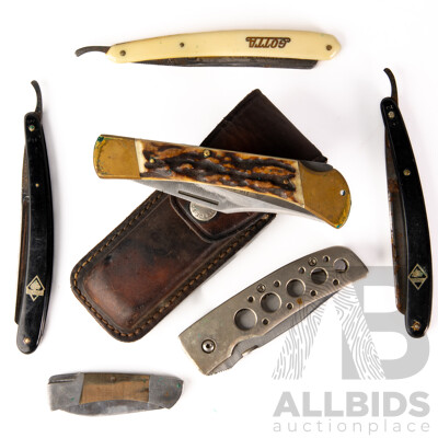 Collection Knives Comprising Two Vintage Straight Razors, Handmade Puma Emperor Folding Blade in Leather Sheath & Two Other Folding Blades