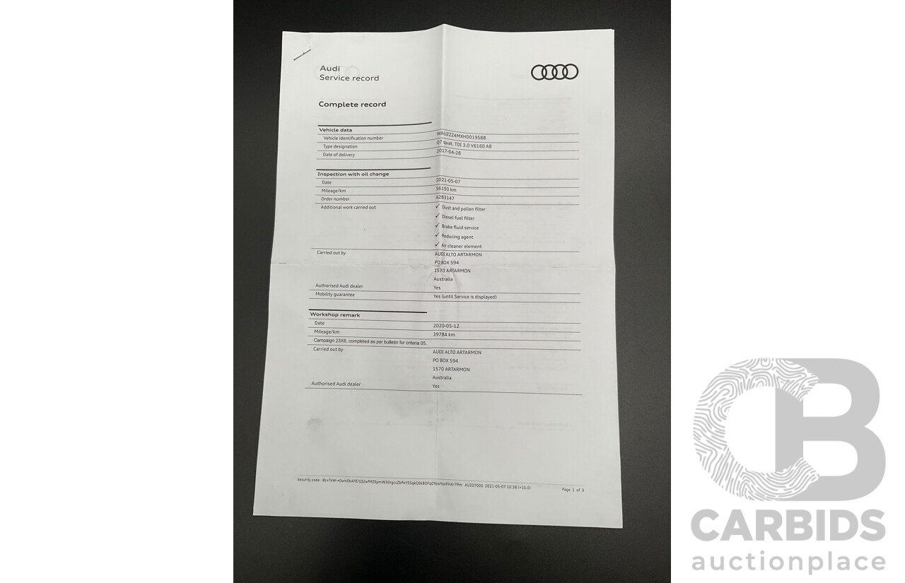 12/2016 Audi Q7 3.0 TDI Quattro (160KW AWD) 4M MY17 4d Wagon Ink Blue Pearl Turbo Diesel V6 3.0L - 7 Seater
