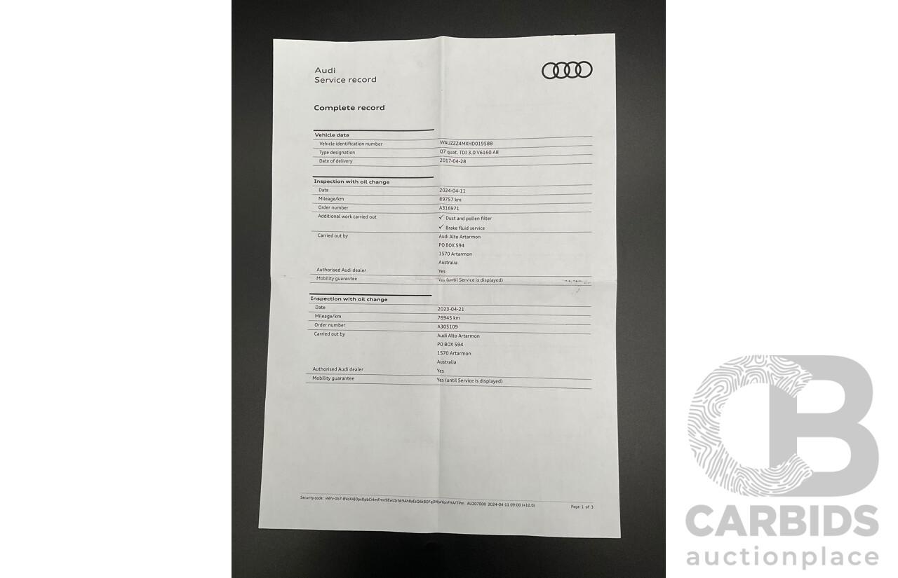 12/2016 Audi Q7 3.0 TDI Quattro (160KW AWD) 4M MY17 4d Wagon Ink Blue Pearl Turbo Diesel V6 3.0L - 7 Seater
