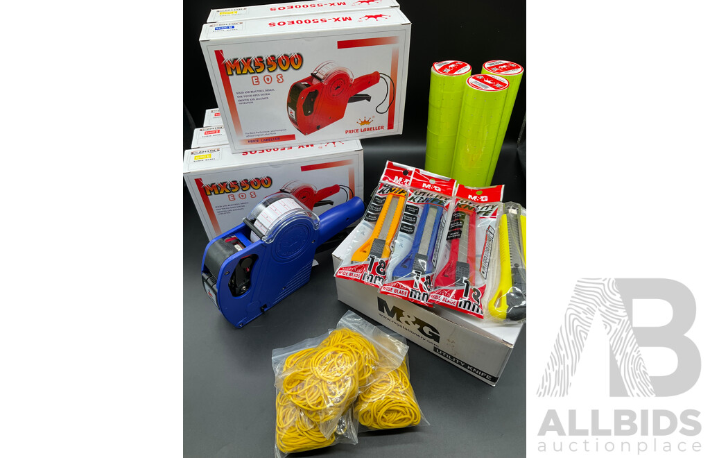 MX5500 EOS Price Labellers with Tags Labels Refills, Utility Knifes and Rubber Bands - Lot of 102