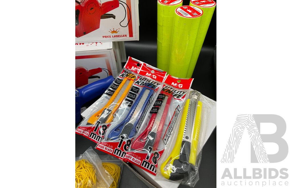 MX5500 EOS Price Labellers with Tags Labels Refills, Utility Knifes and Rubber Bands - Lot of 102