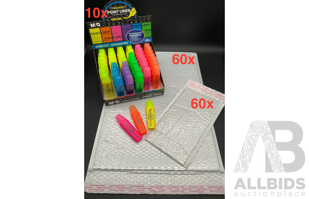M&G Highlighter Point Liner 48 Pack (x10) Assorted Sizes Bubble Mailer Envelops (x120) - Lot of 130
