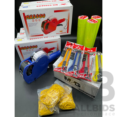 MX5500 EOS Price Labellers with Tags Labels Refills, Utility Knifes and Rubber Bands - Lot of 102