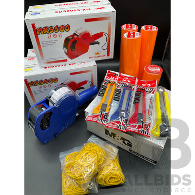 MX5500 EOS Price Labellers with Tags Labels Refills, Utility Knifes and Rubber Bands - Lot of 102