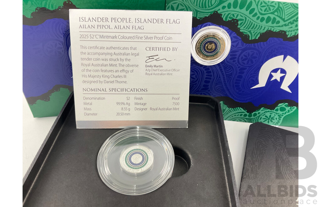 Australian RAM 2025 Silver Proof Two Dollar Coin, C Mint Mark, Islander People Islander Flag .999 with UNC Two Dollar Coin