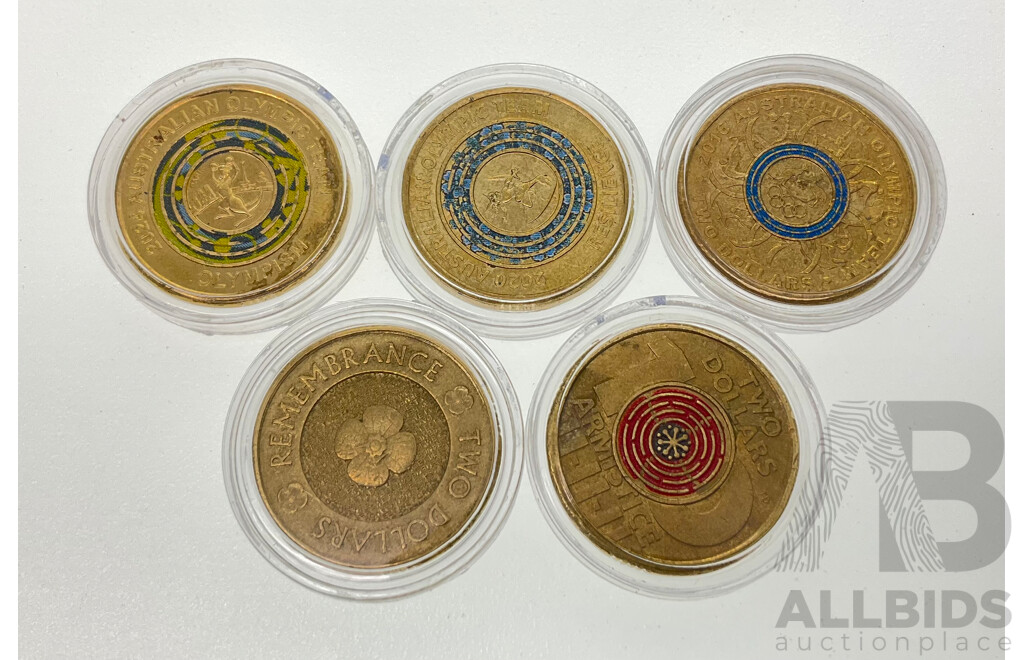 Five Australian Commemorative Two Dollar Coins Including 2012 Remembrance, 2018 Armistice, 2016, 2020, 2024 Olympics