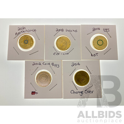 Five Australian Commemorative Two Dollar Coins Including 2012 Remembrance, 2016 Fifty Years of Decimal Currency, Olympic Team, 2018 INVITUS, 2021 Ambulance Service