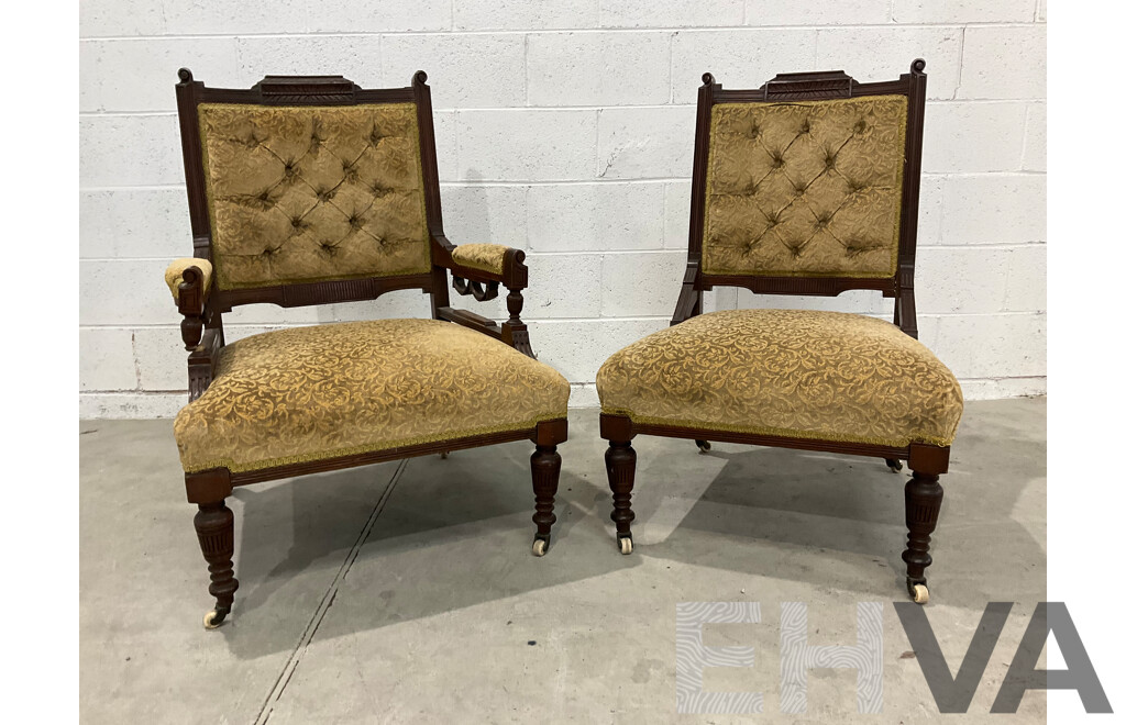 Pair of Grandfather and Grandmother Chairs with Velvet Upholstery