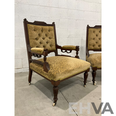 Pair of Grandfather and Grandmother Chairs with Velvet Upholstery