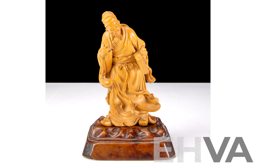 Vintage Chinese Carved Fruitwood Daoist Scholar Figure on Carved Wooden Stand
