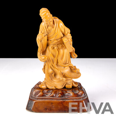 Vintage Chinese Carved Fruitwood Daoist Scholar Figure on Carved Wooden Stand