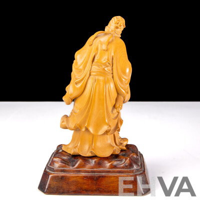 Vintage Chinese Carved Fruitwood Daoist Scholar Figure on Carved Wooden Stand
