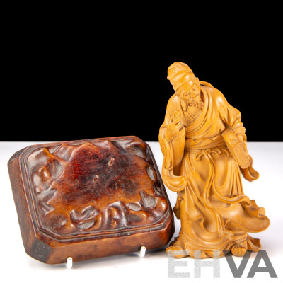 Vintage Chinese Carved Fruitwood Daoist Scholar Figure on Carved Wooden Stand