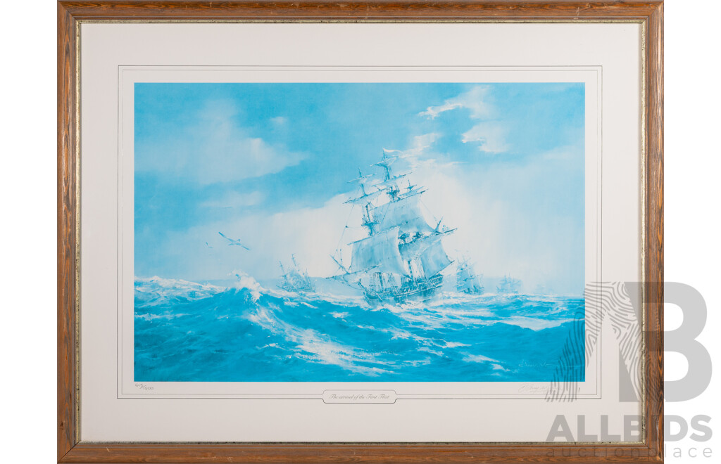 d'Arcy Doyle, (20th Century, Australian, 1932-2001), The Arrival of the First Fleet, Signed and Limited Editioned Quality Reproduction Print of the Original Oil, 70 x 93 cm (frame)