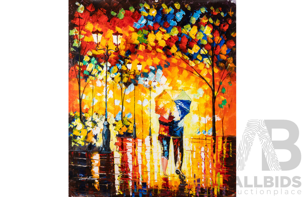 Leonid Afremov, (20th Century, Belarussian-Israeli, 1955-2019), Walking in Rain & the Path, Pair of Original Unstretched Oil on Canvases, 90 x 96 cm & 98 x 82 cm (unstretched) (2)