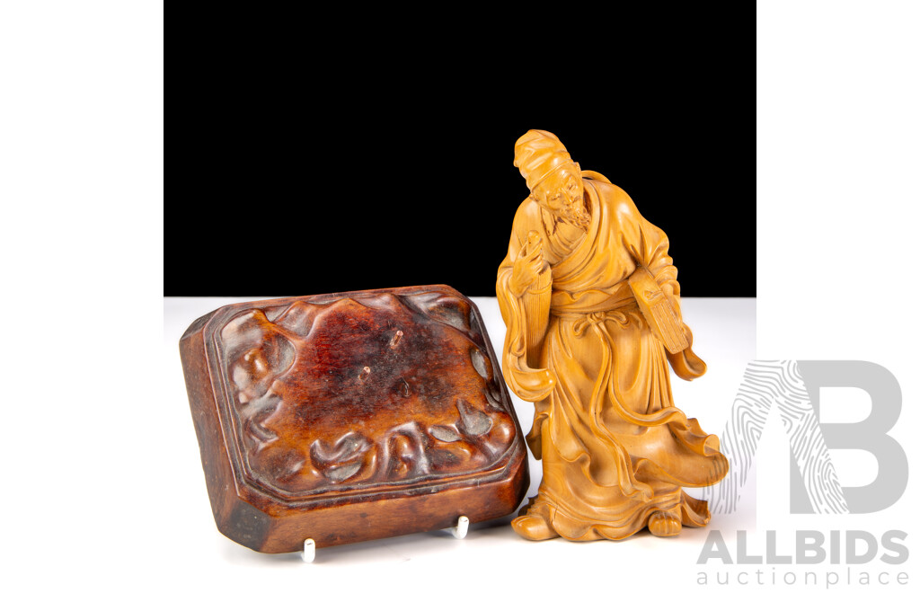 Vintage Chinese Carved Fruitwood Daoist Scholar Figure on Carved Wooden Stand