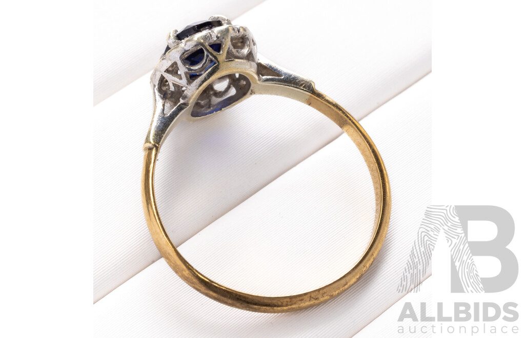 9ct Vintage Mid Blue Sapphire & White Sapphire Halo Ring, Size N, 2.11 Grams