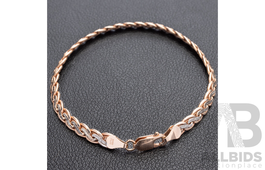 9ct silver filled Rose Gold Vintage Two Tone Key Pattern Flat Curb Bracelet, 19.5cm, 9.06 Grams