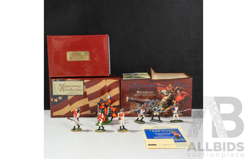 Three W. Britain/Ertl Collectables Cast Metal Figures Including Henry V Mounted, Waterloo French Advancing Set, American Revolution British 52nd Regiment on Foot
