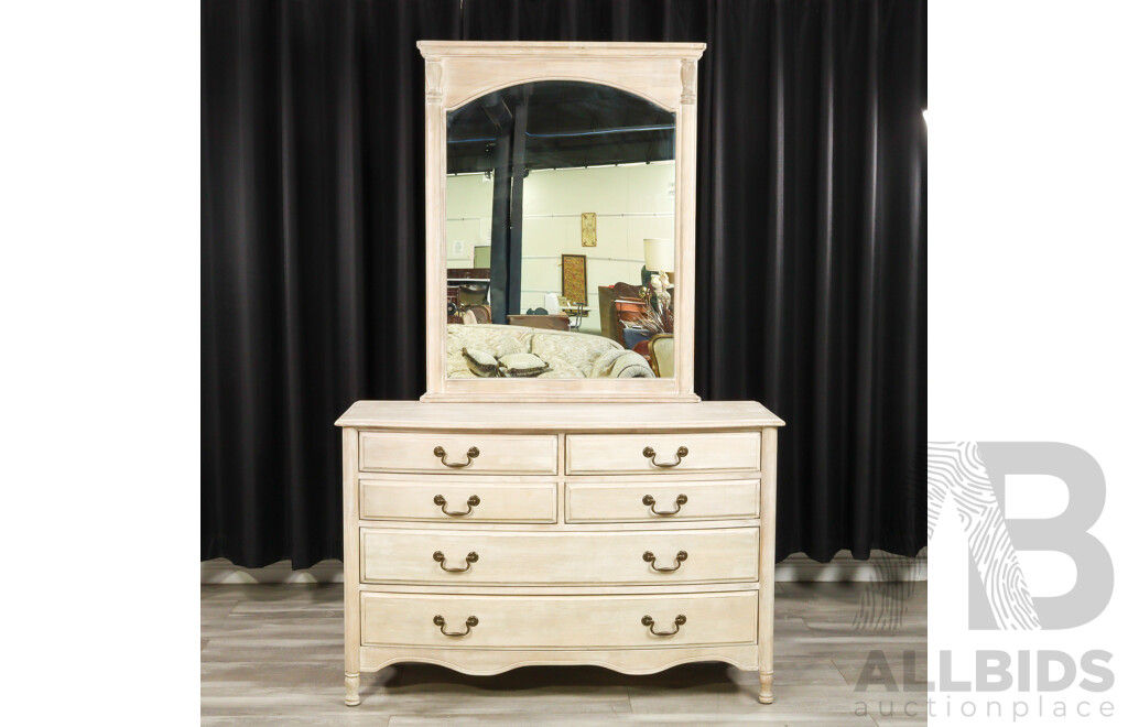 White Washed Timber Six Drawer Mirrored Back Dressing Chest