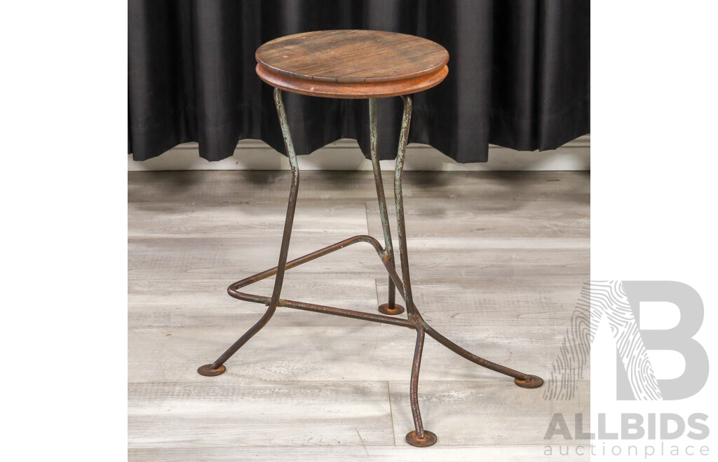 Vintage Metal Base Timber Top Workshop Stool
