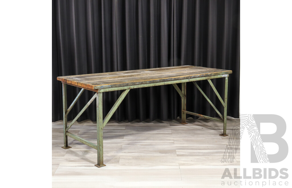 Large Industrial Works Bench with Raw Timber Top