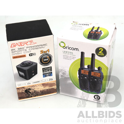 Oricom Two Watt Handheld UHF Radio Twin Pack and Gator 2K 360° Panoramic Sports Camera/Dash Cam