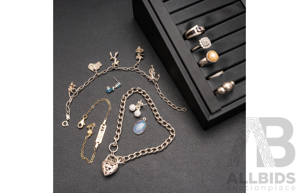 Collection of Sterling Silver Jewellery Including Padlock Bracelet with Created Sapphire & Pandora Bubble Ring, 44.20 Grams