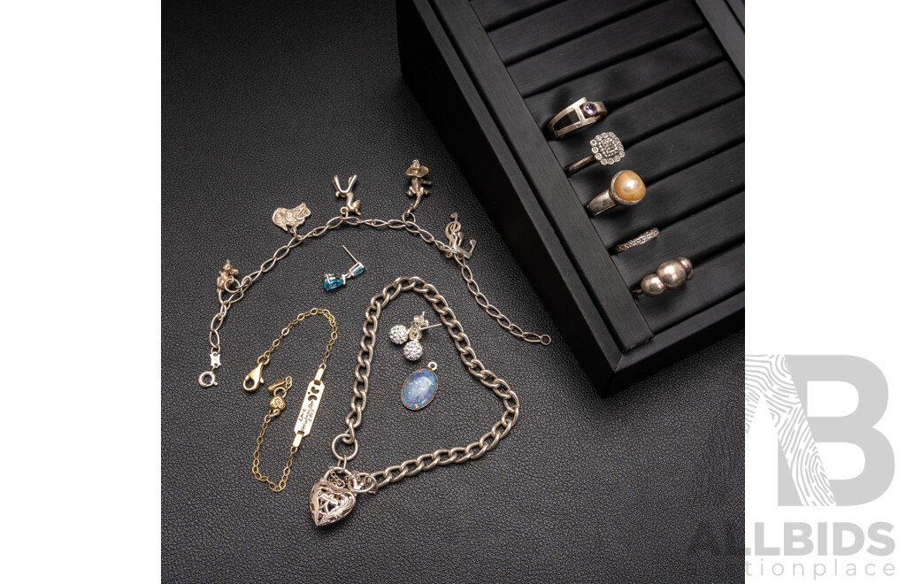 Collection of Sterling Silver Jewellery Including Padlock Bracelet with Created Sapphire & Pandora Bubble Ring, 44.20 Grams