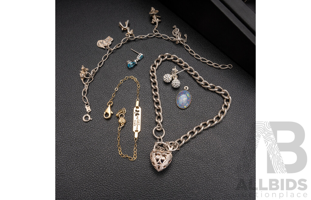 Collection of Sterling Silver Jewellery Including Padlock Bracelet with Created Sapphire & Pandora Bubble Ring, 44.20 Grams