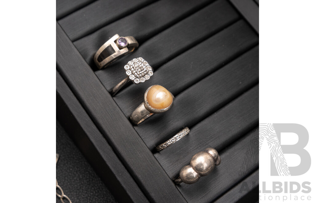 Collection of Sterling Silver Jewellery Including Padlock Bracelet with Created Sapphire & Pandora Bubble Ring, 44.20 Grams