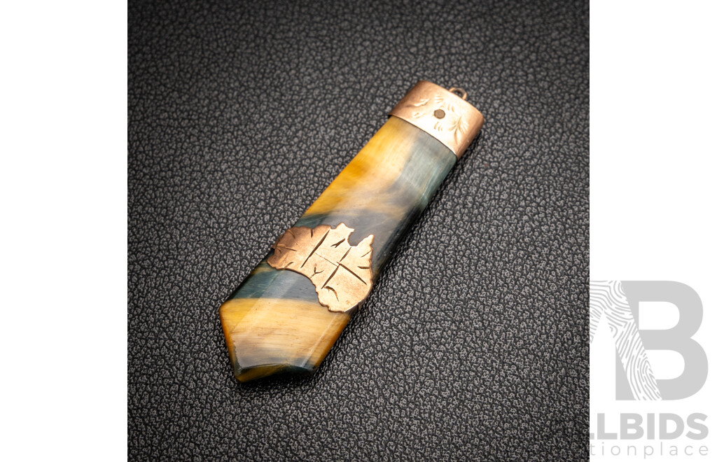 Antique 9ct Rose Gold Tigers Eye Fob Pendant with Map of Australia, 5.42 Grams