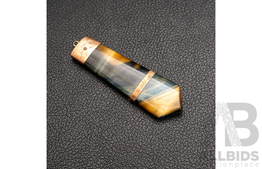 Antique 9ct Rose Gold Tigers Eye Fob Pendant with Map of Australia, 5.42 Grams