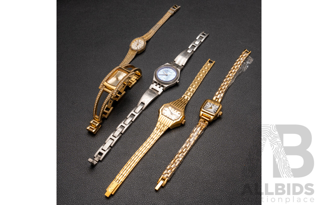 Collection of (5) Ladies Dress Watches, Vintage & Modern Incl. Nivada, R Miller, Guess & Maxum
