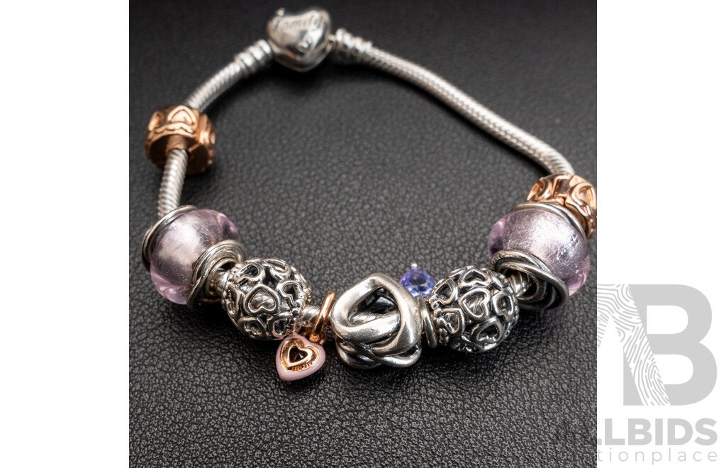 Pandora Moments 'Family' Sterling Silver Bracelet 18cm with (9) Pandora Sterling Bead Charms, 34.73 Grams