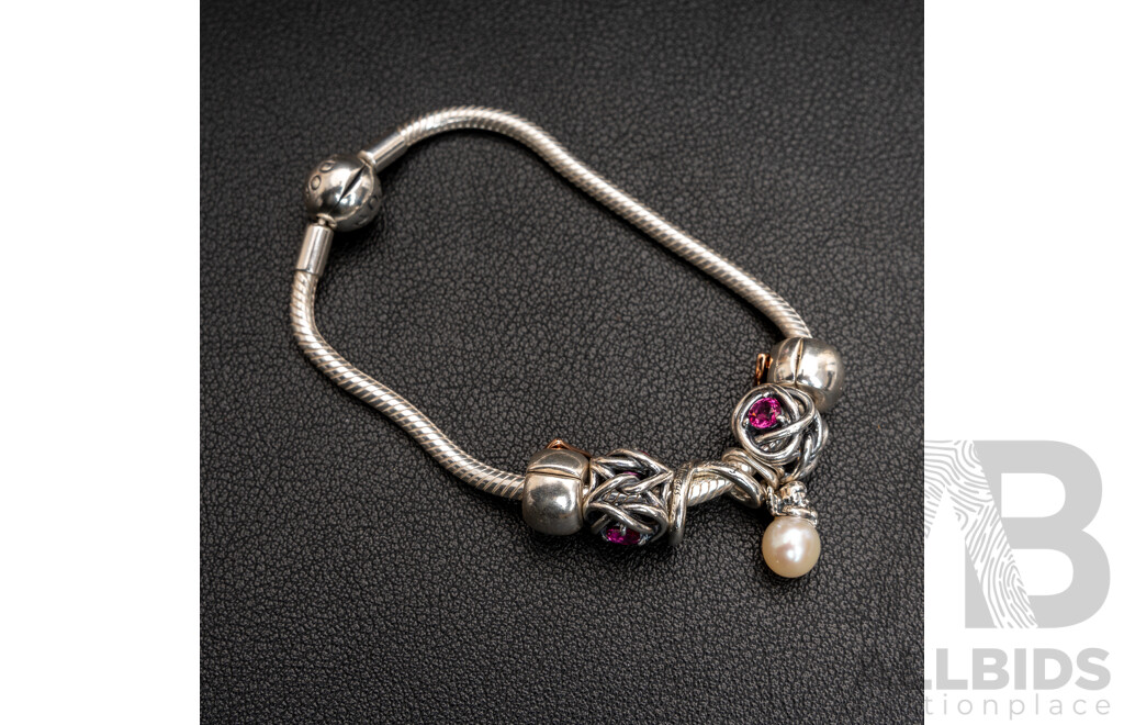 Pandora Moments Sterling Silver Snake Bracelet 18cm with (6) Pandora Moments Sterling Bead Charms, 28.92 Grams
