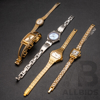Collection of (5) Ladies Dress Watches, Vintage & Modern Incl. Nivada, R Miller, Guess & Maxum