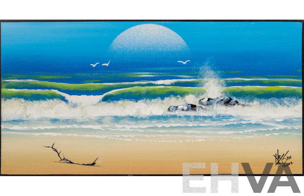 Nelson Nurse, (20th Century, Australian), Rhythm of the Waves (2002), Wonderful Original Oil on Particle Board, 30 x 59 cm