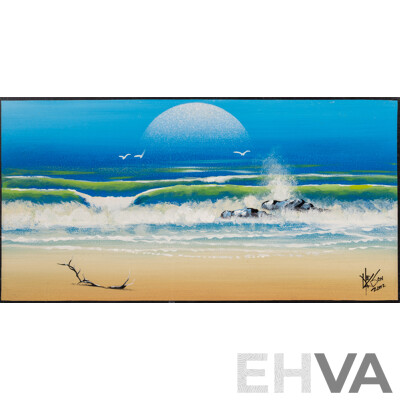 Nelson Nurse, (20th Century, Australian), Rhythm of the Waves (2002), Wonderful Original Oil on Particle Board, 30 x 59 cm
