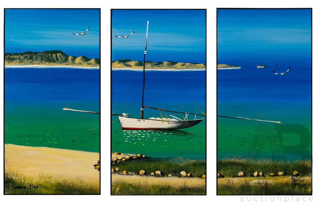 Nelson Nurse, (20th Century, Australian), Shark Bay (2002), Wonderful Original (Unhinged) Triptych of Oil on Pasterboards, 59 x 91 cm (Three Panels) (3)