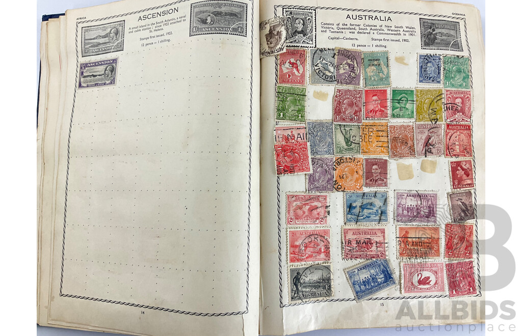 The Triumph Illustrated Stamp Album, Antique and Vintage Stamps Including Australian States, Predecimal, Belgium, Canada, Ceylon, India, Germany, Great Britain, Hungary, USA