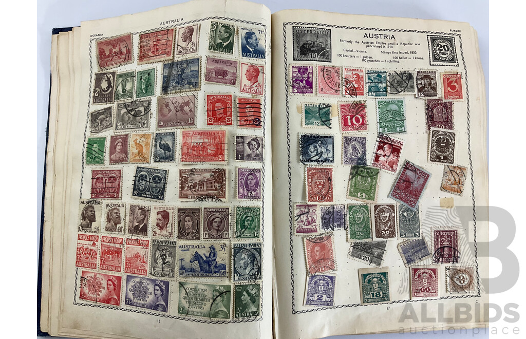 The Triumph Illustrated Stamp Album, Antique and Vintage Stamps Including Australian States, Predecimal, Belgium, Canada, Ceylon, India, Germany, Great Britain, Hungary, USA