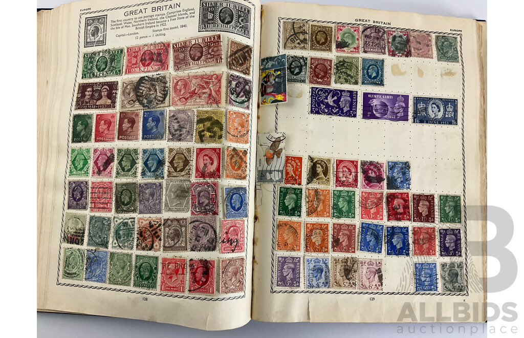 The Triumph Illustrated Stamp Album, Antique and Vintage Stamps Including Australian States, Predecimal, Belgium, Canada, Ceylon, India, Germany, Great Britain, Hungary, USA