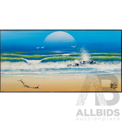 Nelson Nurse, (20th Century, Australian), Rhythm of the Waves (2002), Wonderful Original Oil on Particle Board, 30 x 59 cm