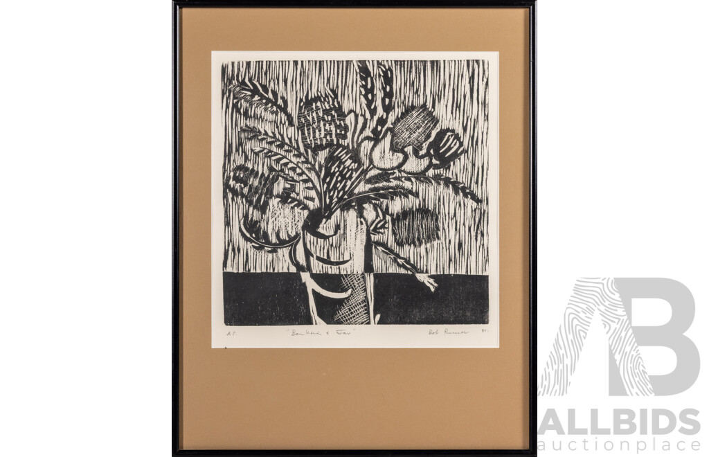 Bob Russell, (20th Century, Australian, 1929-2007), Banksia & Jar (1981), Wonderful Artist's Proof Signed Original Linocut, 52 x 41 cm (frame)